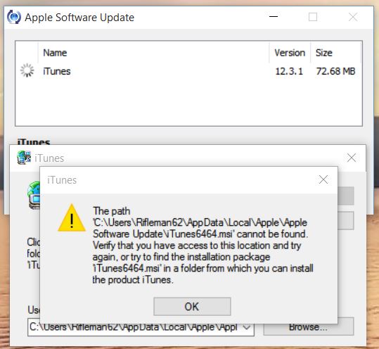 Itunes6464 msi missing error 1007