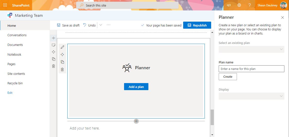 Select an existing plan is greyed out on SharePoint Planner web part