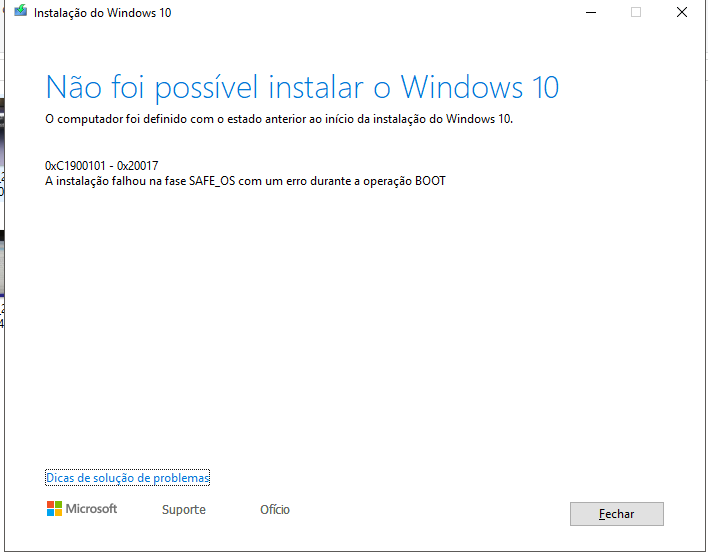 Não foi possível instalar o Windows 10: Erro 0xC1900101 - 0x20017 -  Microsoft Community