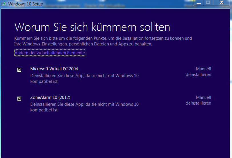 Windows 7 lässt sich nicht auf Windows 10 updaten, weil angeblich Programme installiert sind