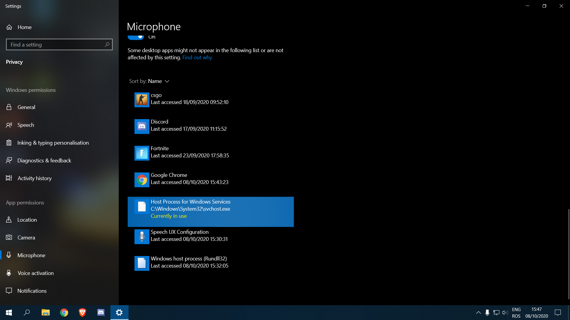 Windows Host Process for Windows Services is using my microphone