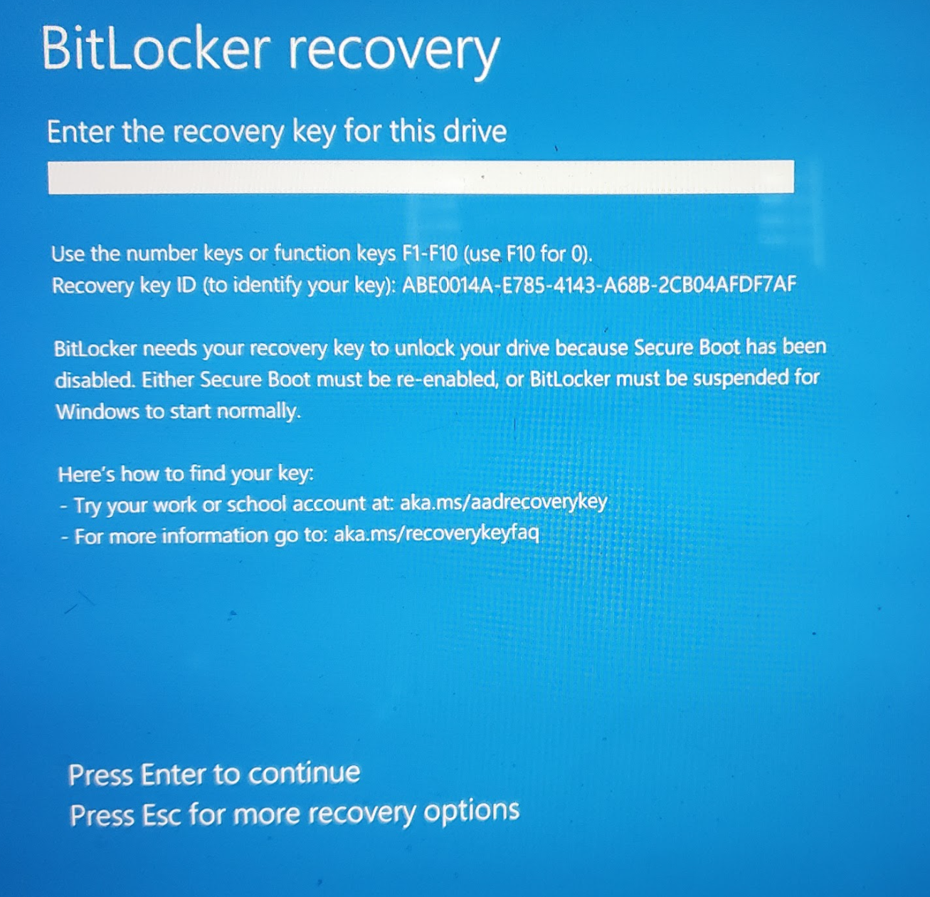 Stop code inaccessible boot device no bitlocker key ever activated