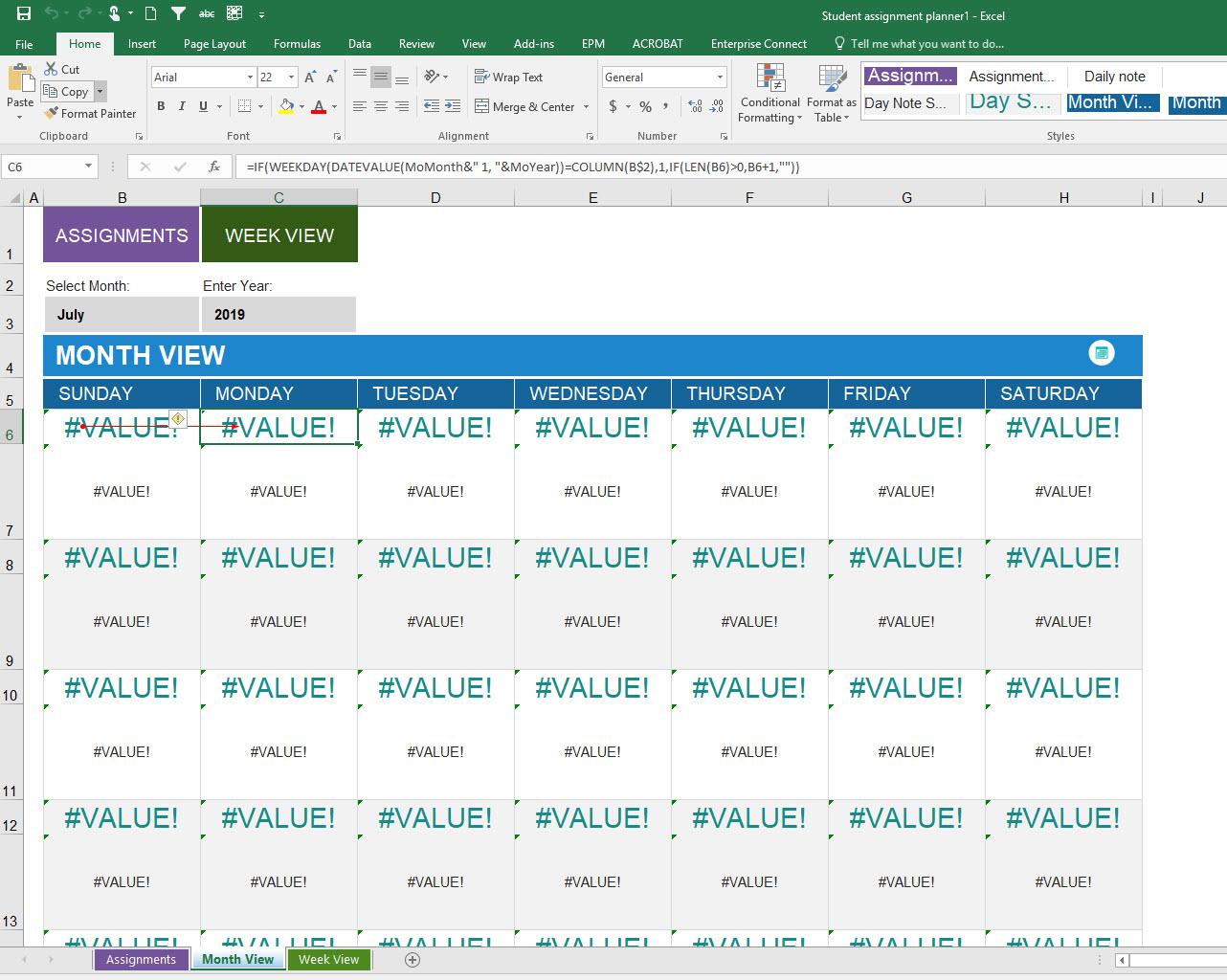 student assignment planner excel not working