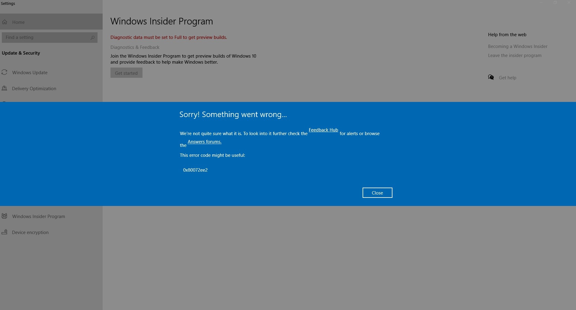 Error while Getting started with Windows Insider Program - Microsoft ...