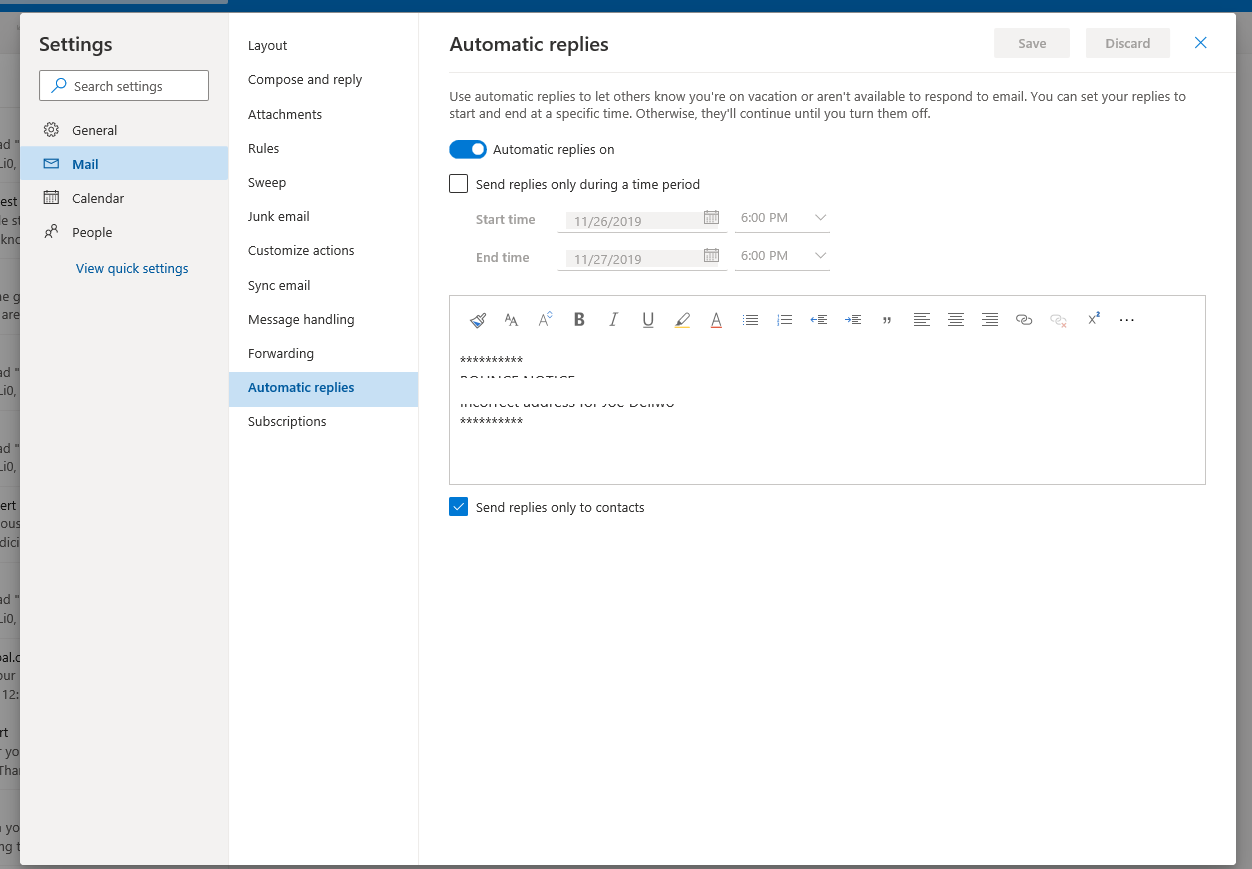 Automatic Replies won't stay On - Microsoft Community