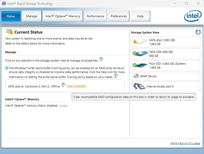 Intel rapid storage on sale ssd