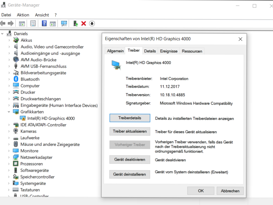 Intel HD Graphics 4000 Treiber funktioniert nicht mehr