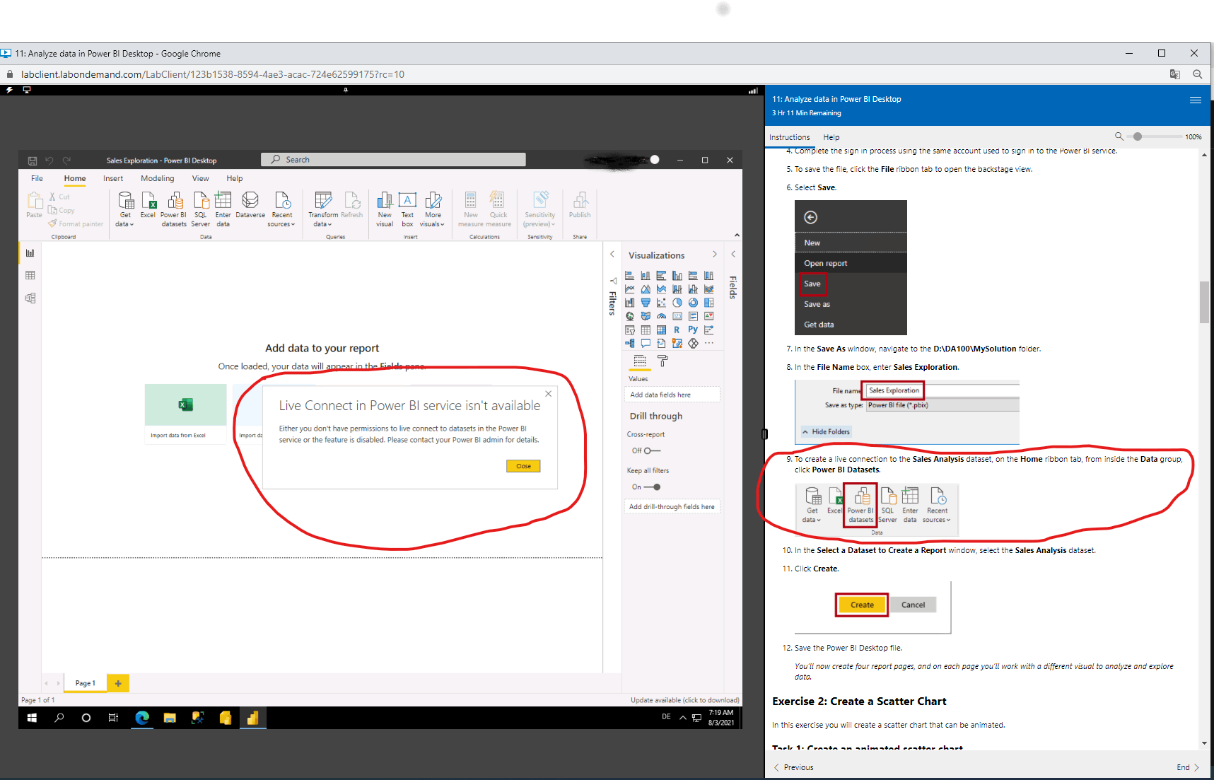 Live Connect in Power BI service isn't available in Lab 11 of DA