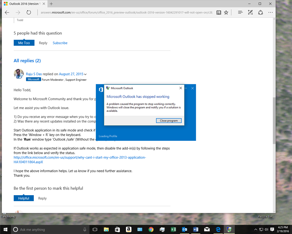 Outlook In Office 365 Home Won't Start - Microsoft Community