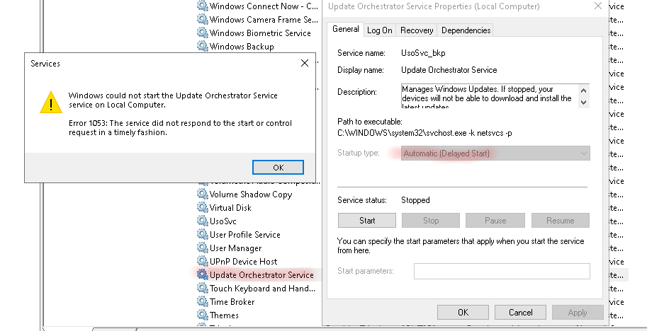 Service: Update Orchestrator Service. Error 1053: The service did 