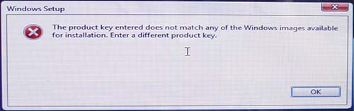 رسالة the product key does not match current windows sku