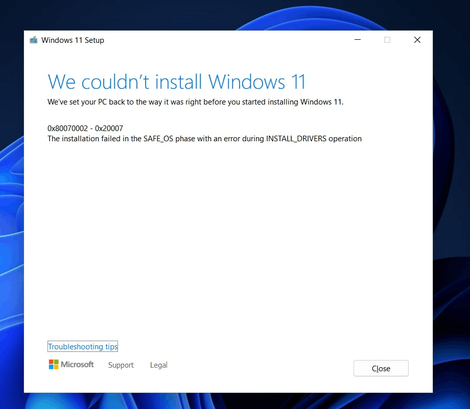 We couldn't install Windows 11 (22h2 update, error code 0x80070002 