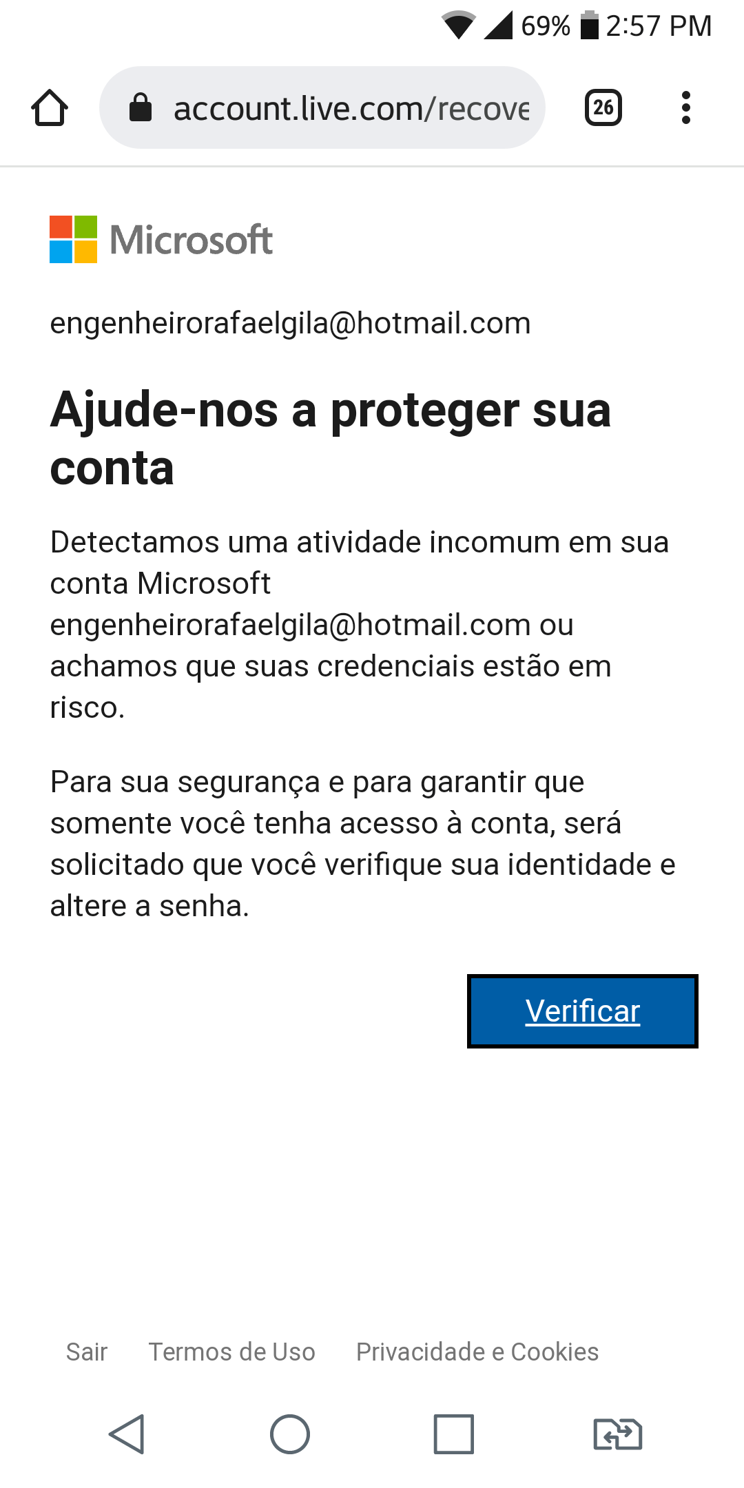 Problemas ao entrar no email do Hotmail