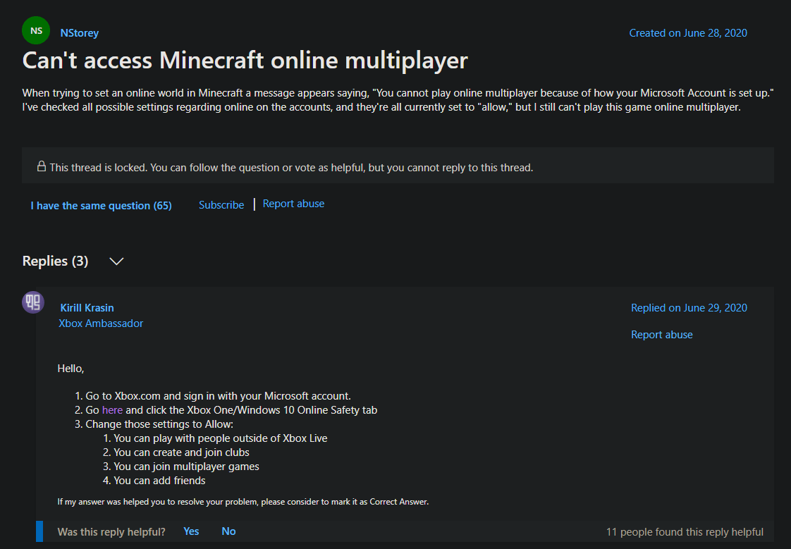 Minecraft: You cannot play online multiplayer because of how your -  Microsoft Community