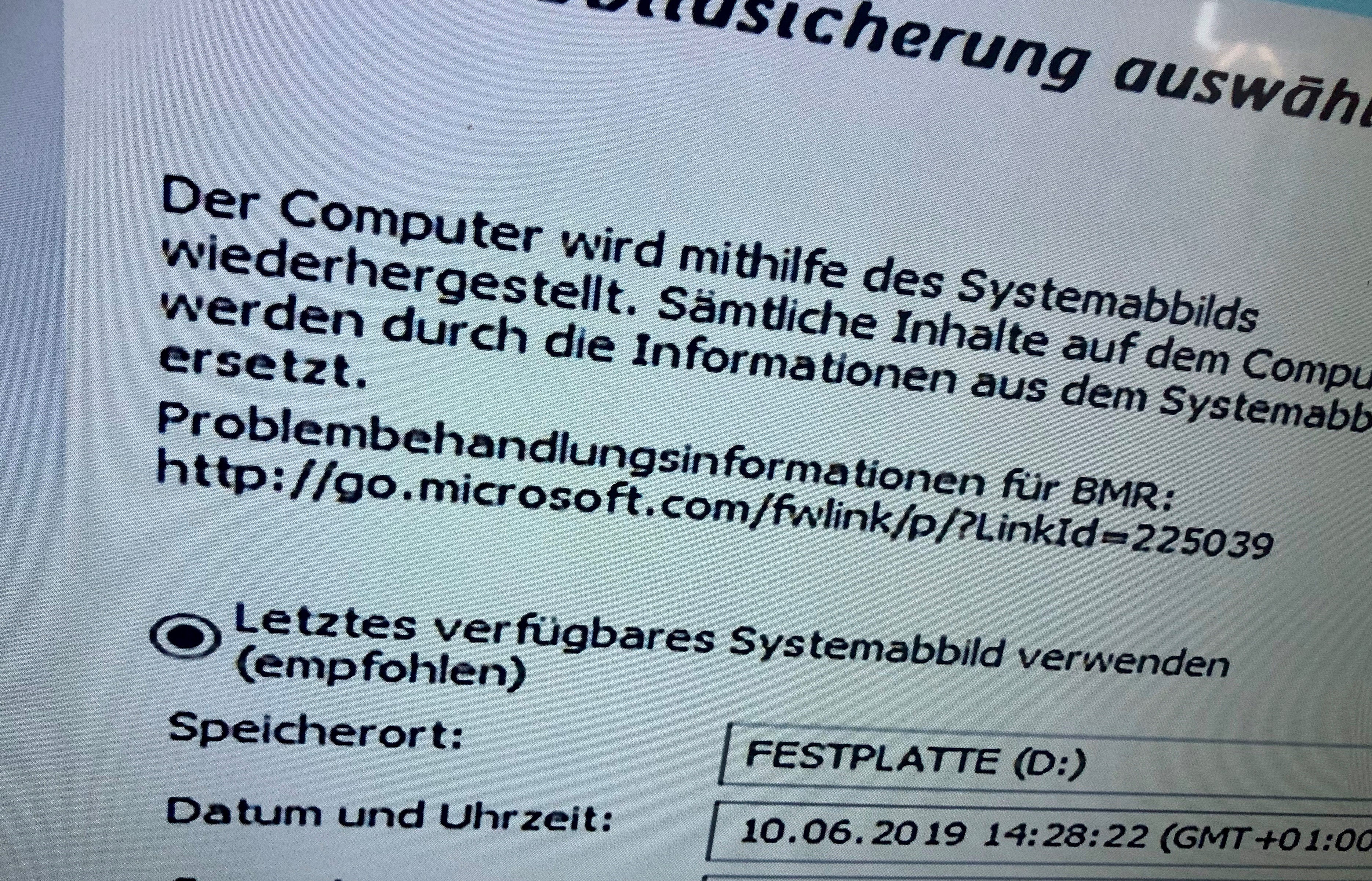 Problem bei der Verwendung eines Systemabbildes (Windows 10)