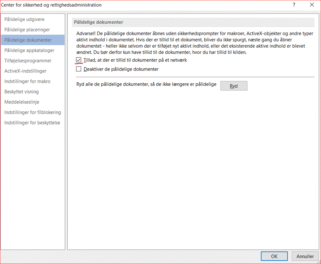 Hvorfor dukker dialogboksen med teksten the macros in this project