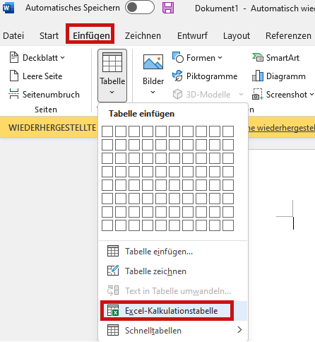 Speichern einer Word-Tabelle als Excel-Tabelle